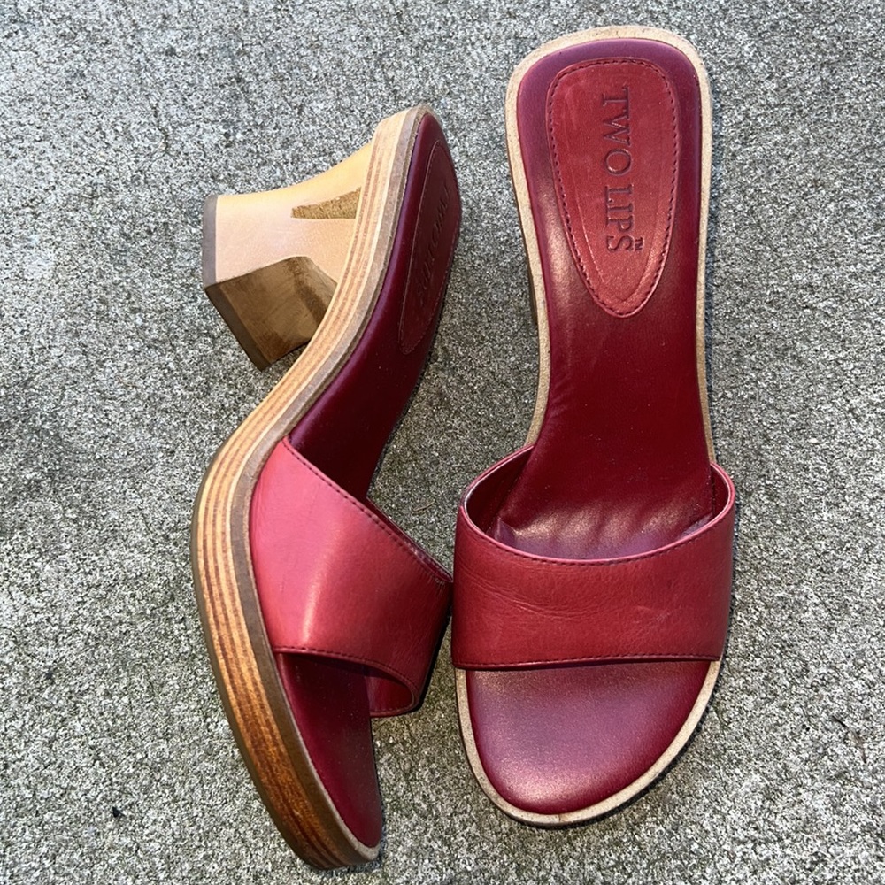 Two Lips Vintage Red Wood Cutout Mules